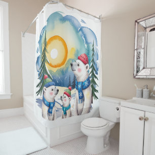 Winter Polar Bear Family Christmas  Shower Curtain
