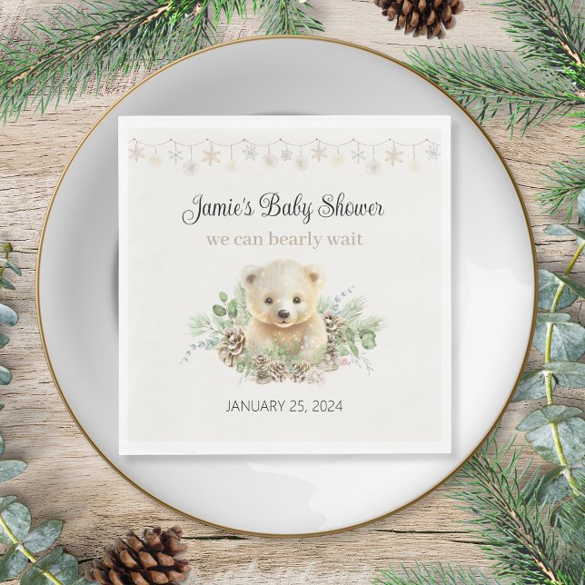 Winter Polar Bear Gender Neutral Baby Shower Napkin (cute cream gender neutral polar bear theme we can bearly wait baby shower napkins personalized)
