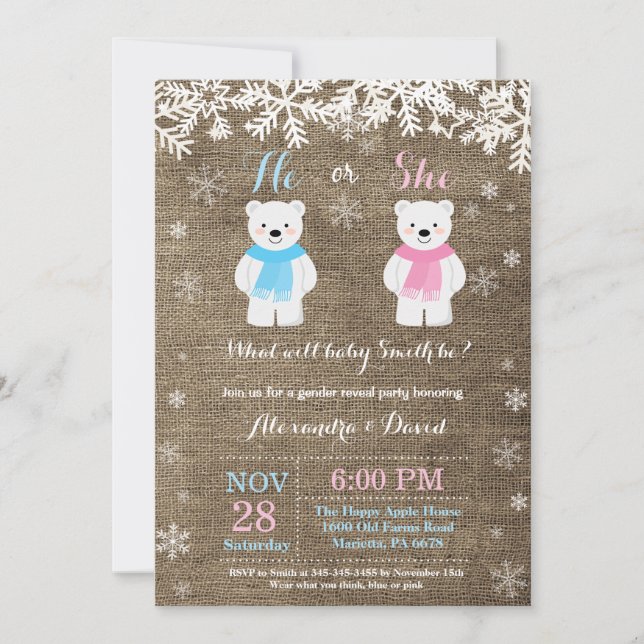 Winter Polar Bear Gender Reveal Invitation (Front)