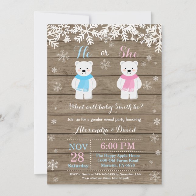 Winter Polar Bear Gender Reveal Invitation (Front)