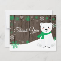 Winter Polar Bear Green Snowflake Thank You Card