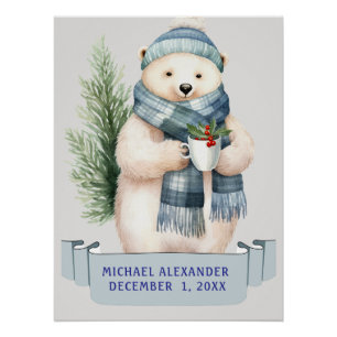 WINTER POLAR BEAR IN BLUE SCARF KIDS NAME Birthday Poster