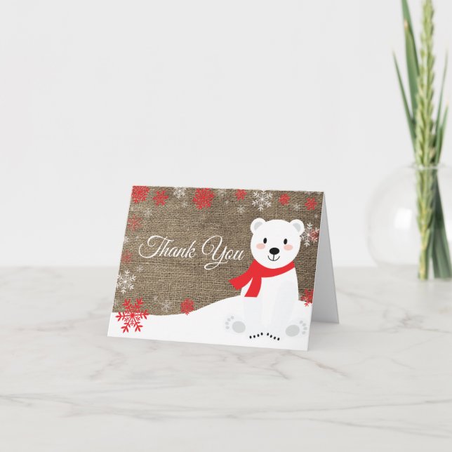 Winter Polar Bear Red Snowflake Burlap Thank You Card (Front)