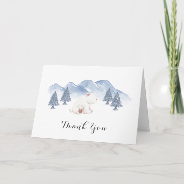 Winter Polar Bear Snow Mountain Baby Shower Thank You Card (Front)