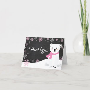 Winter Polar Bear Snowflake Pink Chalkboard Thank You Card