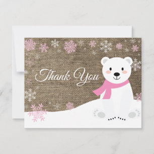 Winter Polar Bear Snowflake Pink Thank You Card