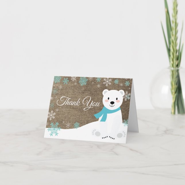 Winter Polar Bear Snowflake Teal Burlap Thank You Card (Front)