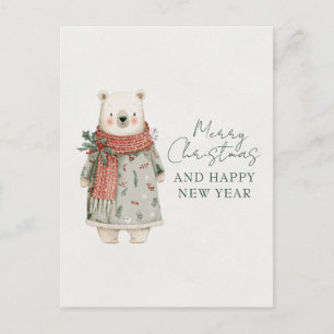 Winter Polar Bear Watercolor Christmas Postcard