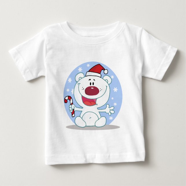Winter Polar  Bear With Candy Cane Holiday Baby T-Shirt (Front)