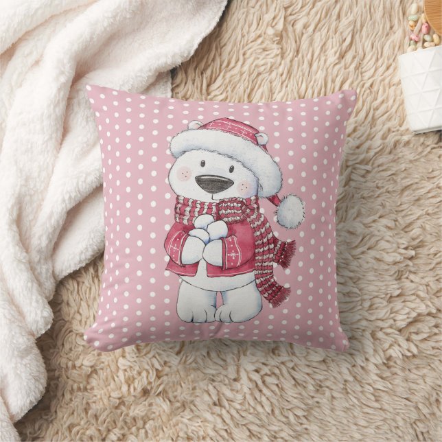 Winter Polar Bear with Snowballs Cushion (Blanket)