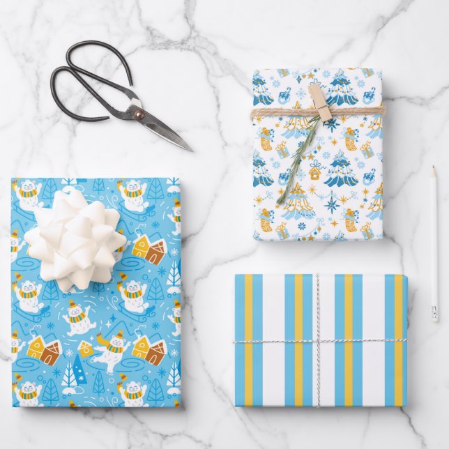 Winter Polar Bear Wrapping Paper Set of 3 (Front)