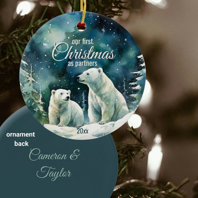 Winter Polar Bears First Christmas As Partners Ceramic Ornament (Creator Uploaded)