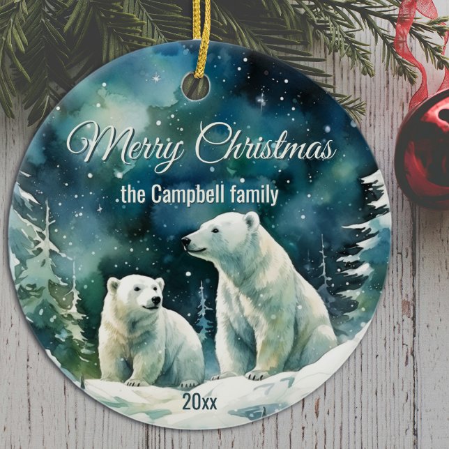 Winter Polar Bears Merry Christmas Family Name Ceramic Ornament (Creator Uploaded)