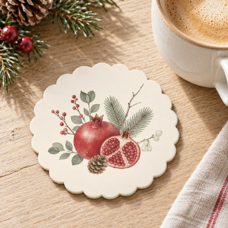 Winter Pomegranate Botanical Scalloped Coaster