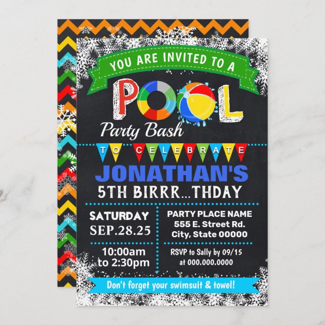 Winter Pool birthday party bash Invitation (Front/Back)