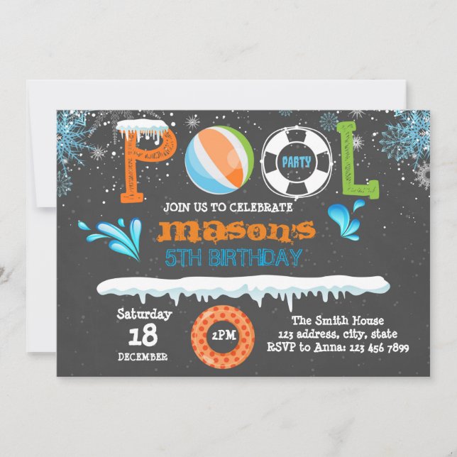 Winter pool birthday party invitation (Front)