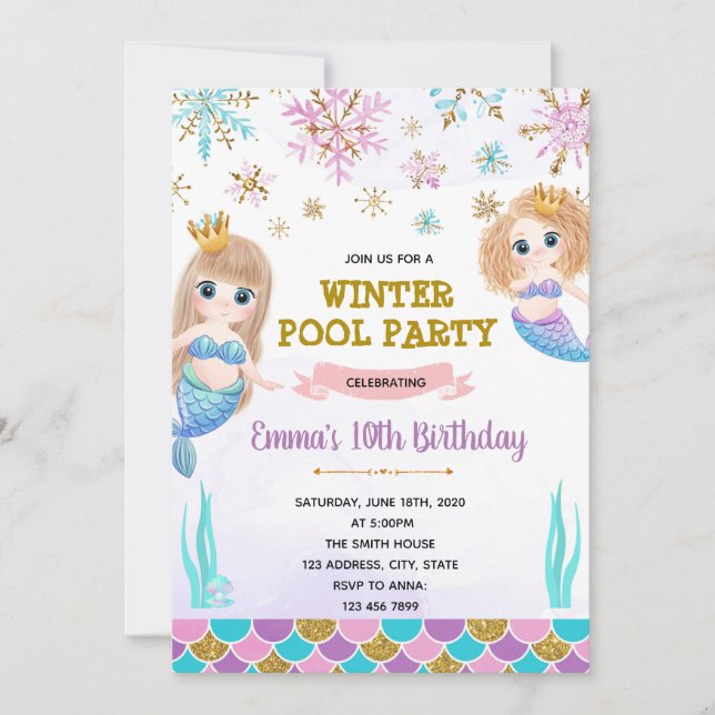 Winter pool mermaid invitation (Front)