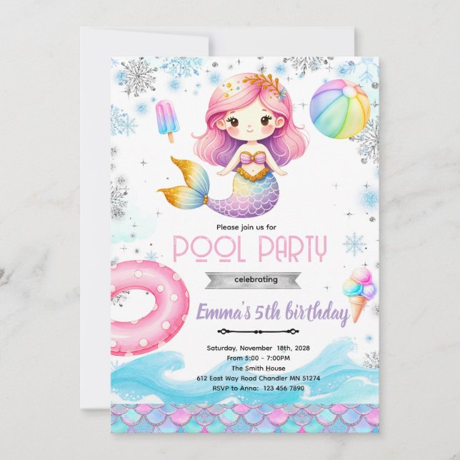 Winter pool mermaid party invitation (Front)