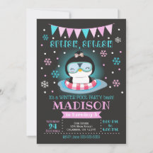 Winter pool party birthday invitation / Penguin