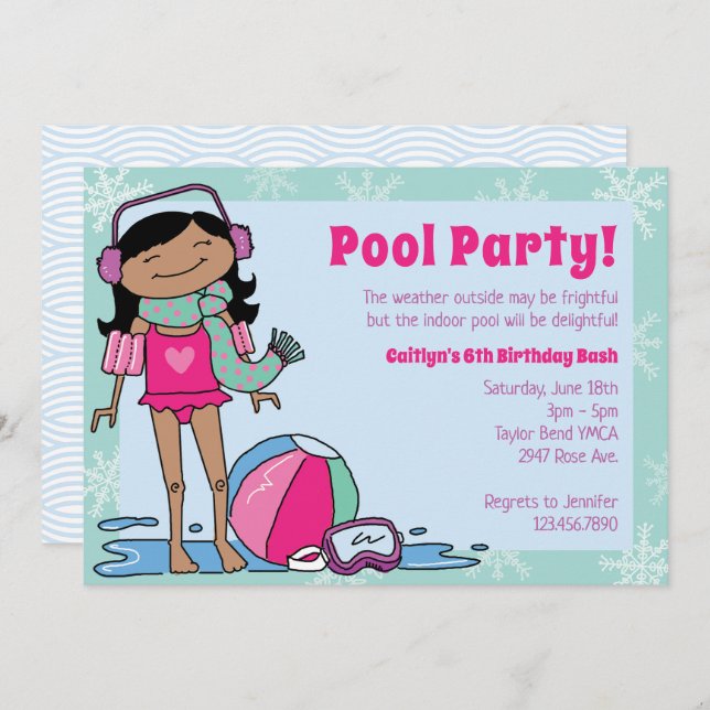 Winter Pool Party Black Hair Girl Indoor Swim Invitation (Front/Back)