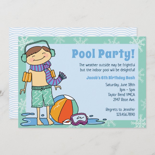 Winter Pool Party Brunette Hair Boy Indoor Swim Invitation (Front/Back)
