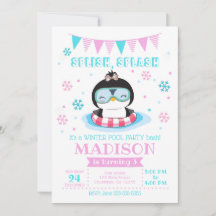 Winter Pool Party Invitation / Girl Penguin Invite