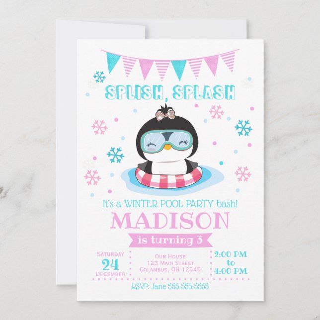 Winter Pool Party Invitation / Girl Penguin Invite (Front)