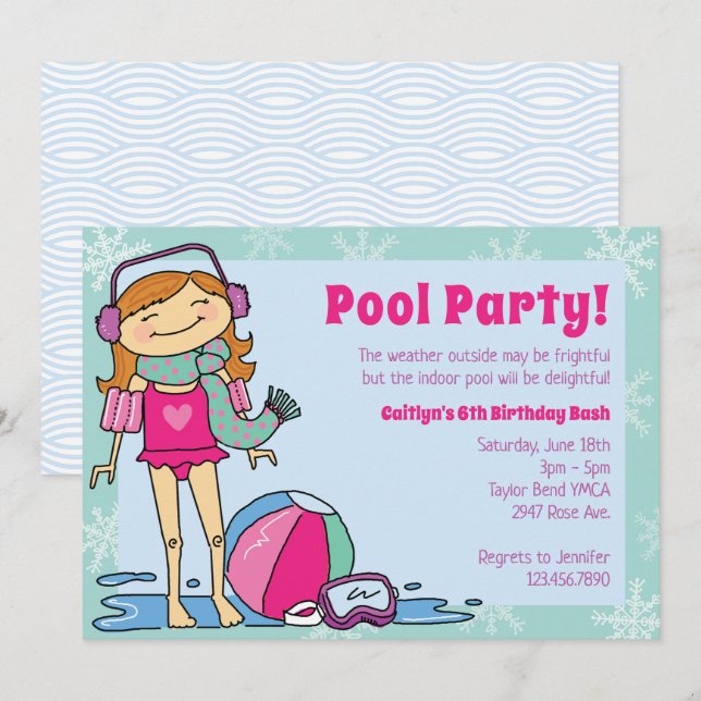 Winter Pool Party Red Hair Girl Indoor Swimming Invitation (Front/Back)