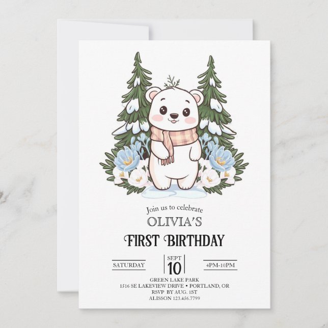 Winter Pretty Polar Bear 1st Birthday Digital Invitation (Front)