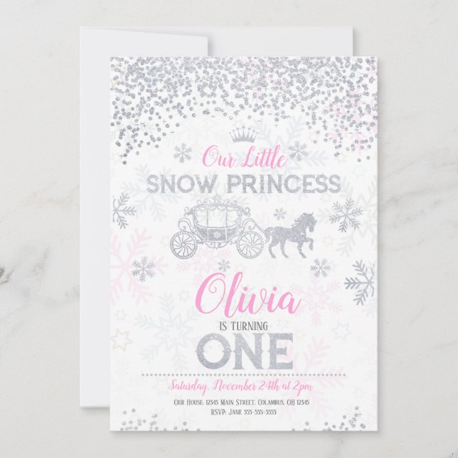 WInter Princess 1st Birthday Invitation Glitter (Front)