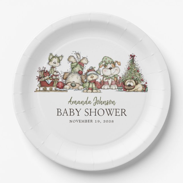 Winter Puppy Christmas Holidays Baby Shower Paper Plate (Front)