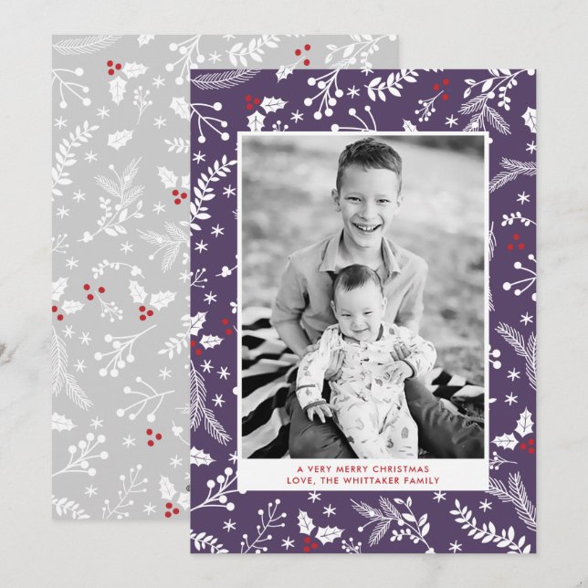 Winter Purple Berries Christmas Holiday Flat Card (Front/Back)