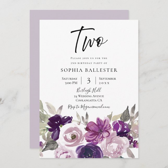 Winter Purple Lavender Floral 2nd Birthday Party Invitation (Front/Back)