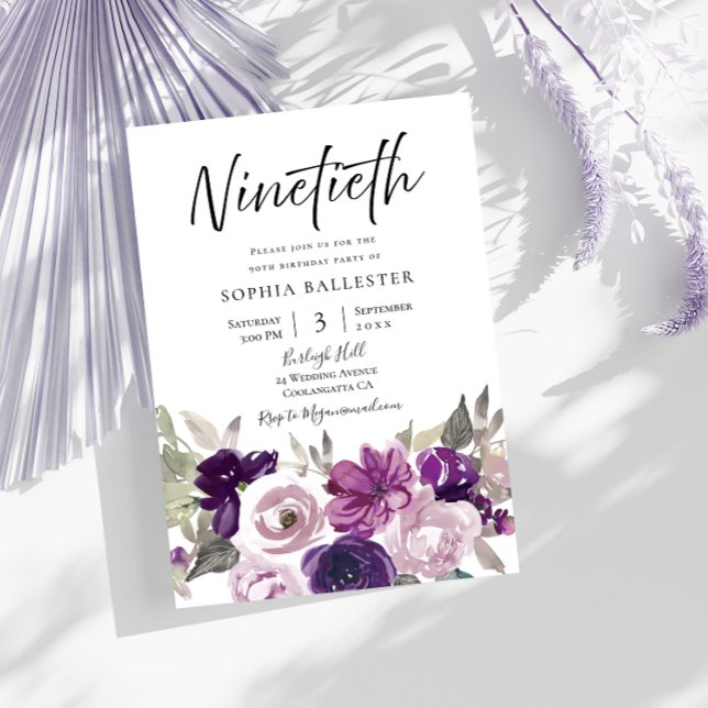 Winter Purple Lavender Floral 90th Birthday Party Invitation (Creator Uploaded)