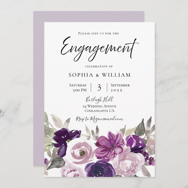 Winter Purple Lavender Floral Engagement Party Invitation (Front/Back)
