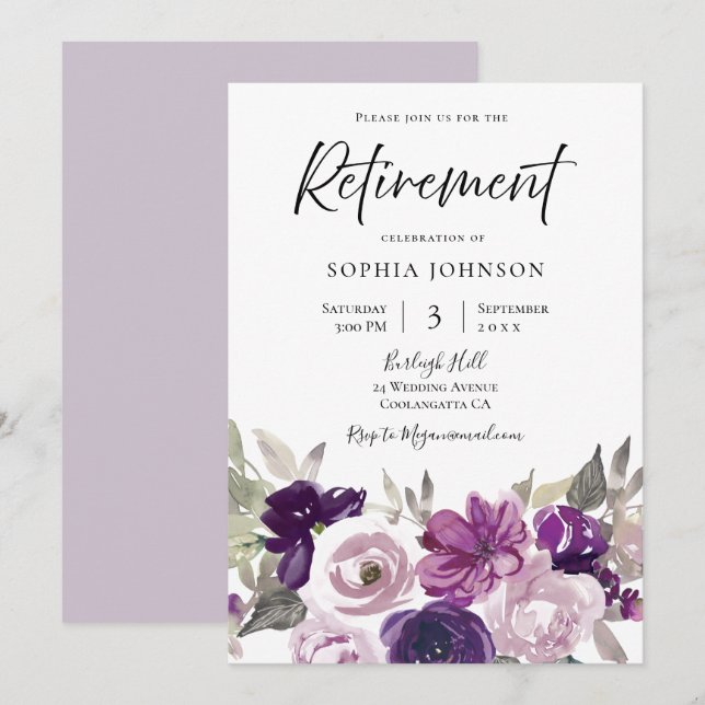Winter Purple Lavender Floral Retirement Party Invitation (Front/Back)