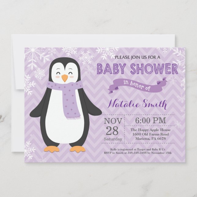 Winter Purple Penguin Girl Baby Shower Invitation (Front)