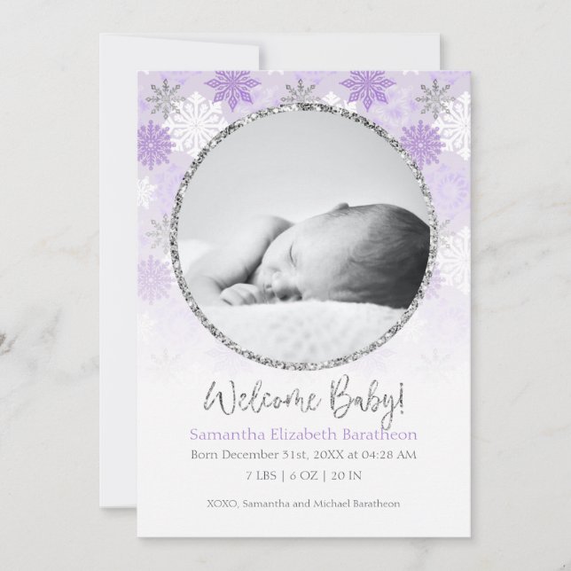 Winter Purple & Silver Snowflake Baby Birth Announ Announcement (Front)