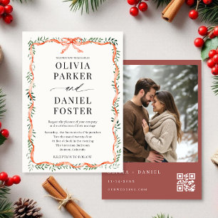 Winter QR Code Photo Red Ribbon & Bow Wedding Invitation