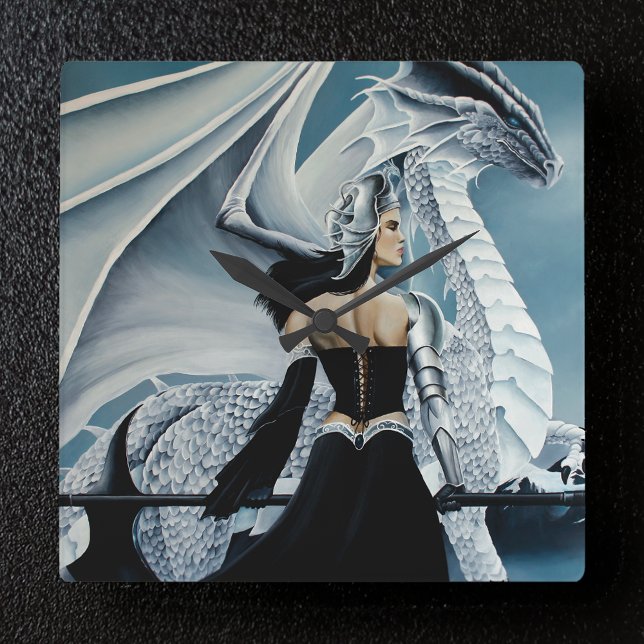 Winter Queen White Dragon Fantasy Square Wall Clock (Creator Uploaded)