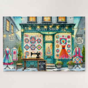 Winter Quilt Shop Cozy Sewing Snowy Village Scene Jigsaw Puzzle