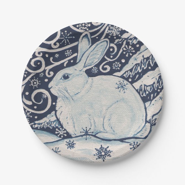 Winter Rabbit Blue & White Delft Dedham Paper Plate (Front)