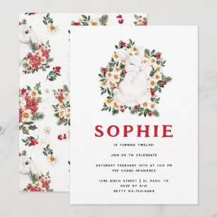 Winter Rabbit Floral Birthday Party Invitation
