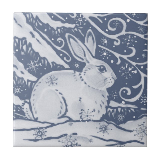 Winter Rabbit Hare Snow Denim Blue Dedham Delft Ceramic Tile (Front)