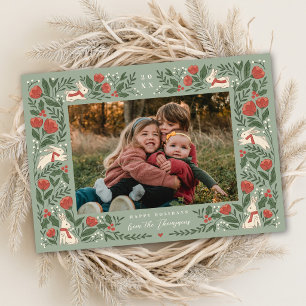 Winter Rabbits Woodland Floral Christmas Photo Holiday Card