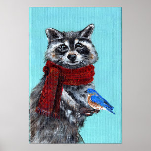 Winter Raccoon with Bluebird Poster