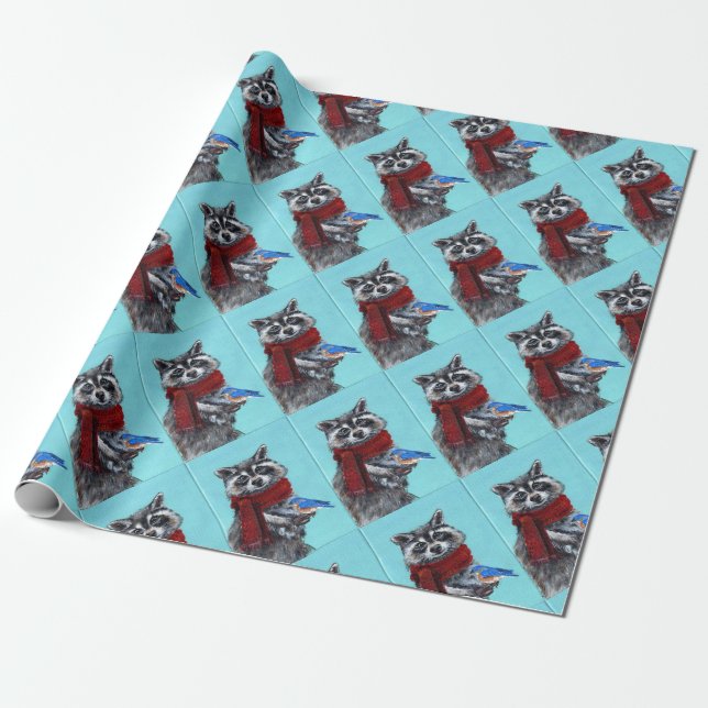 Winter Raccoon with Bluebird Wrapping Paper (Unrolled)