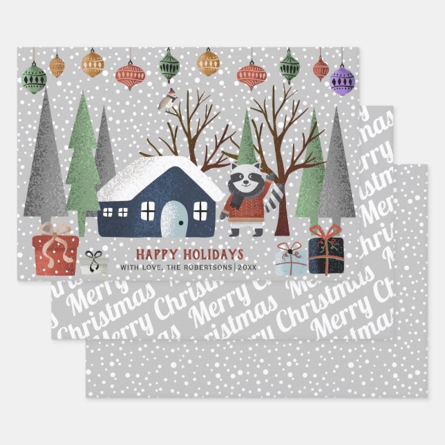 Winter racoon, Merry Christmas and snowflakes Wrapping Paper Sheet (Set)