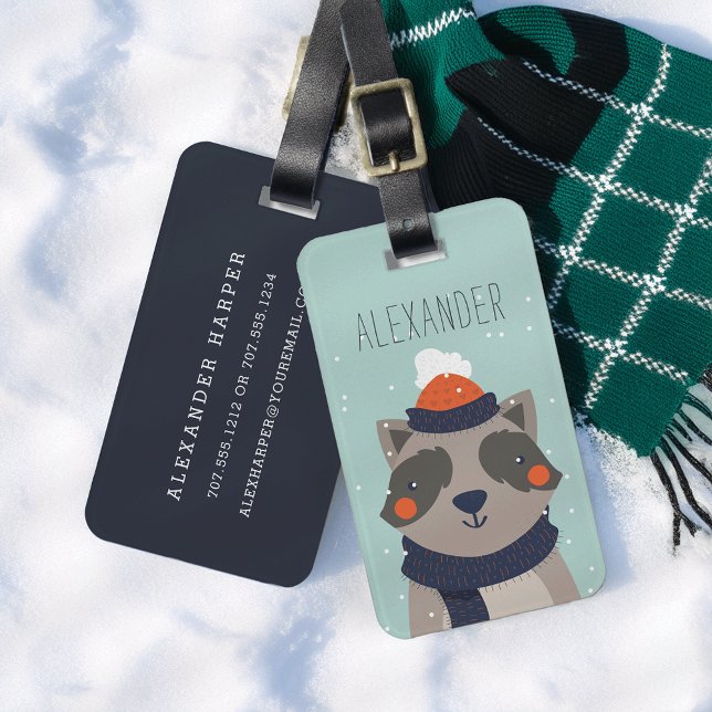 Winter Racoon Personalised Bag Tag | Mint (Creator Uploaded)