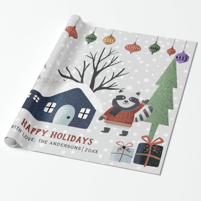Winter racoon, trees and house Christmas holiday Wrapping Paper (Unrolled)